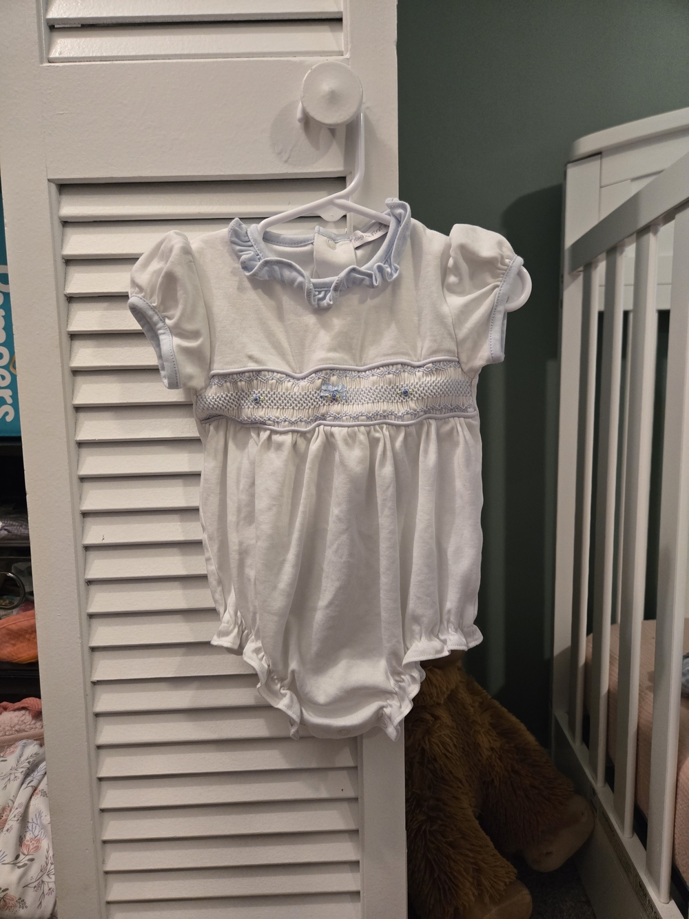 White Baby Smocked Bubble with Light Blue Trim